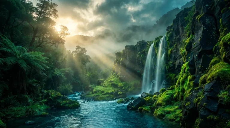 Hidden Waterfall Flowing Through Black Volcanic Cliffs Photo