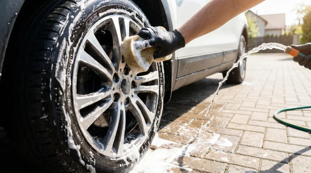 Professional Car Wheel Cleaning Stock Photo