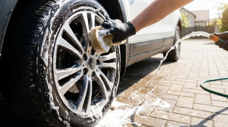 Professional Car Wheel Cleaning Stock Photo