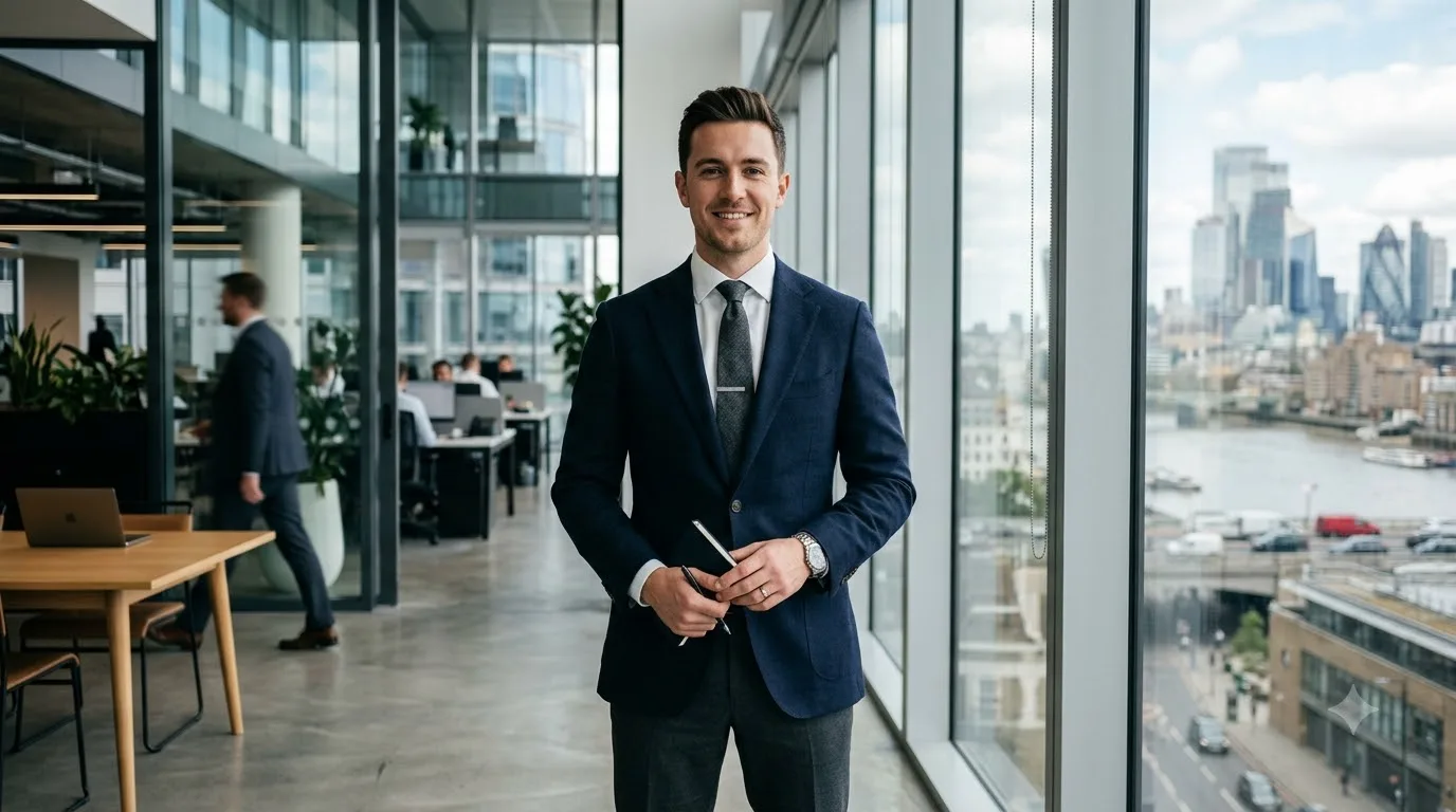 Businessman standing in modern o… 202609071008