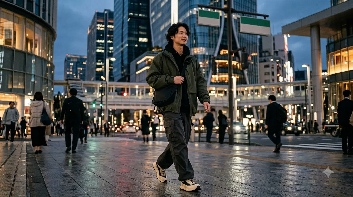 Man walking through modern city 202609071008